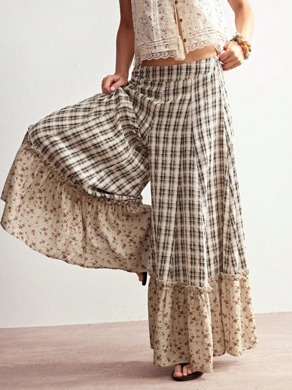 Green Boho Women's Plaid Ruffle Cropped Wide Leg Pants